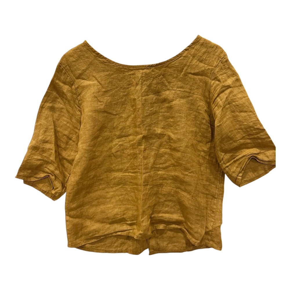 H&H Italian 100% Linen Button Up Top Mustard Yellow Short Sleeve Blouse